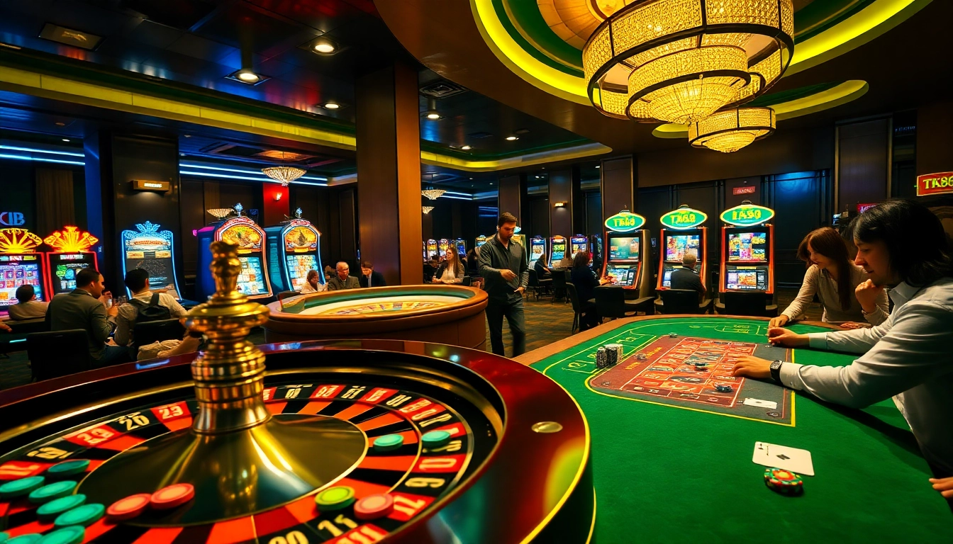 Engaging TK88 casino scene featuring roulette, enthusiastic players, and vibrant slot machines.