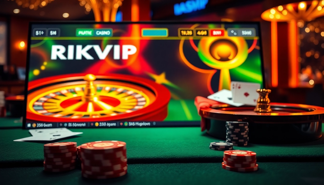 RIK VIP online gaming experience with vibrant casino elements including roulette wheel and poker chips.
