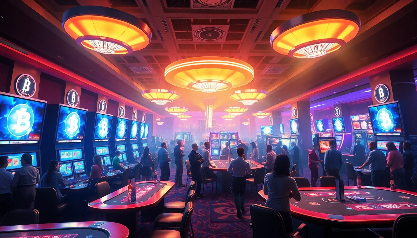 Jouez à des jeux de casino dans un crypto casino moderne avec des lumières néon.