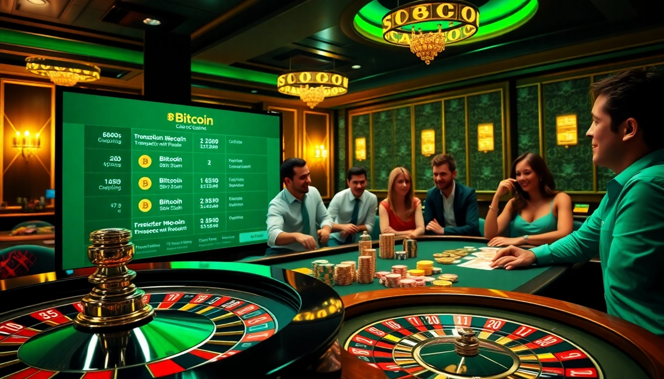 Engaging casino en ligne Bitcoin experience with vibrant tables, players enjoying games, and Bitcoin options highlighted.