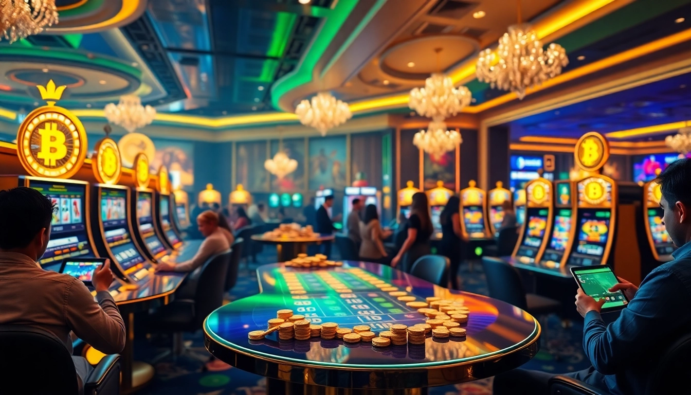 Experience casino en ligne Bitcoin with players engaging at luxurious virtual tables and vibrant slot machines.