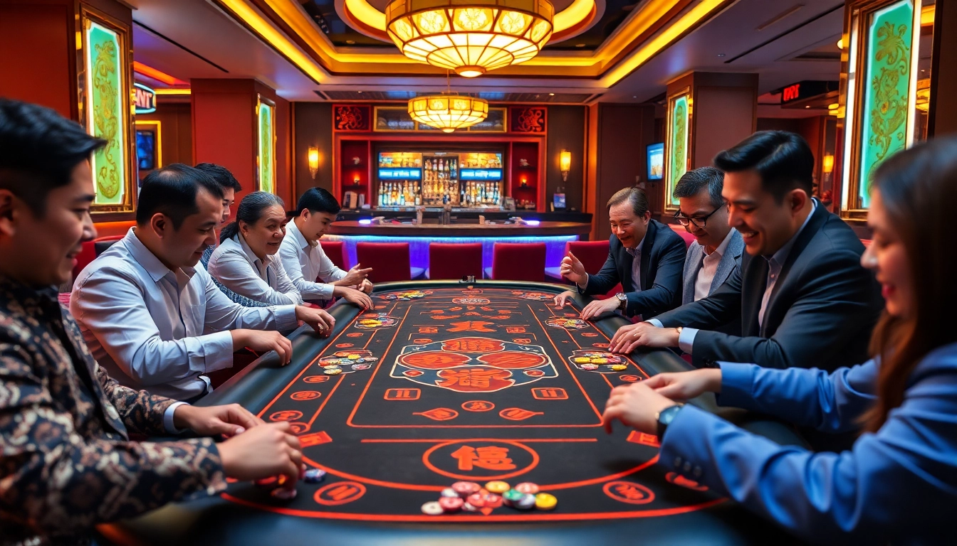 Excited gamblers playing Tai Xiu at a vibrant casino table with colorful chips and dice.