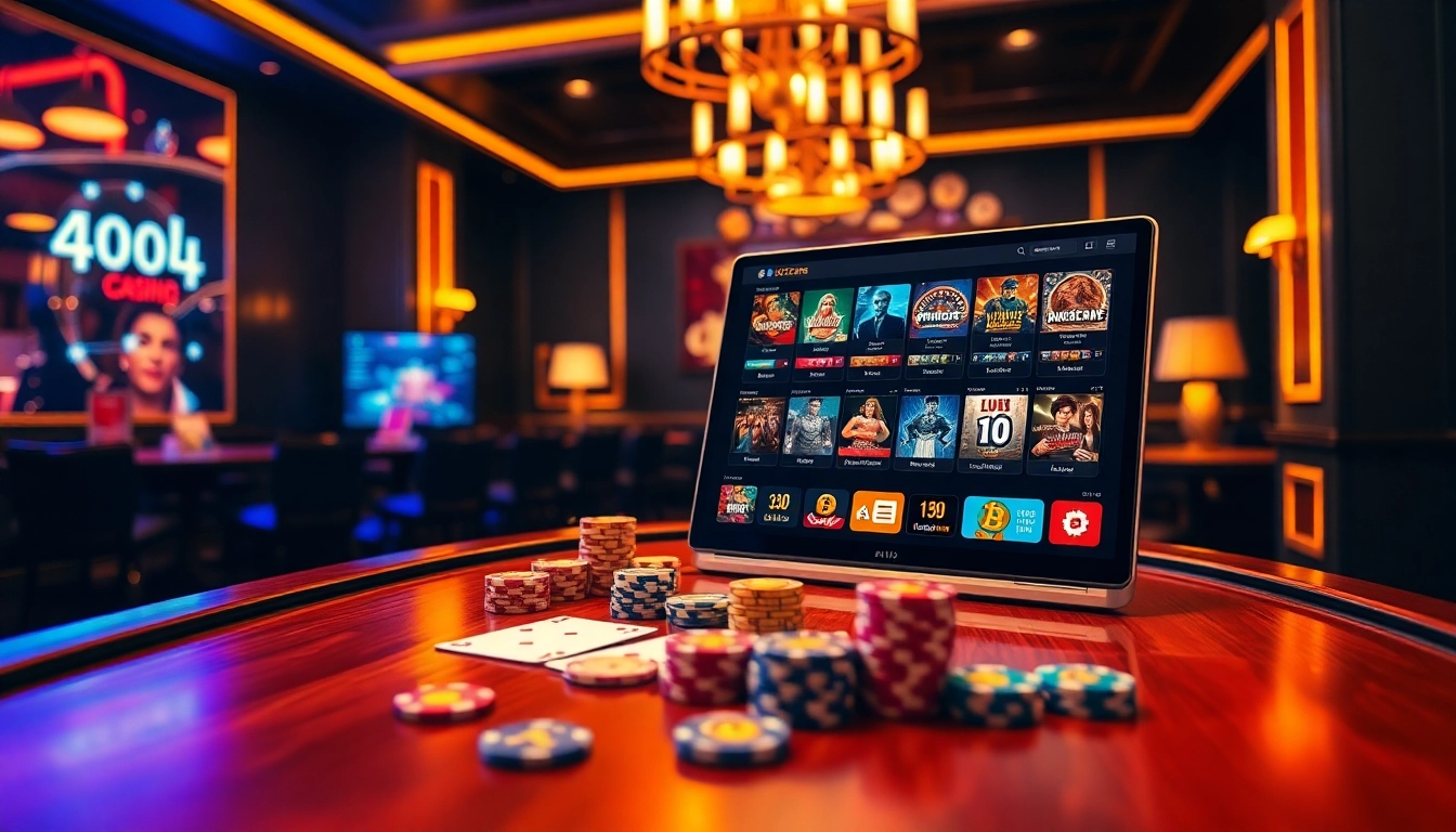 Ressentez l'excitation du casino en ligne Bitcoin avec des jetons de poker éclatants et une interface de jeu numérique.